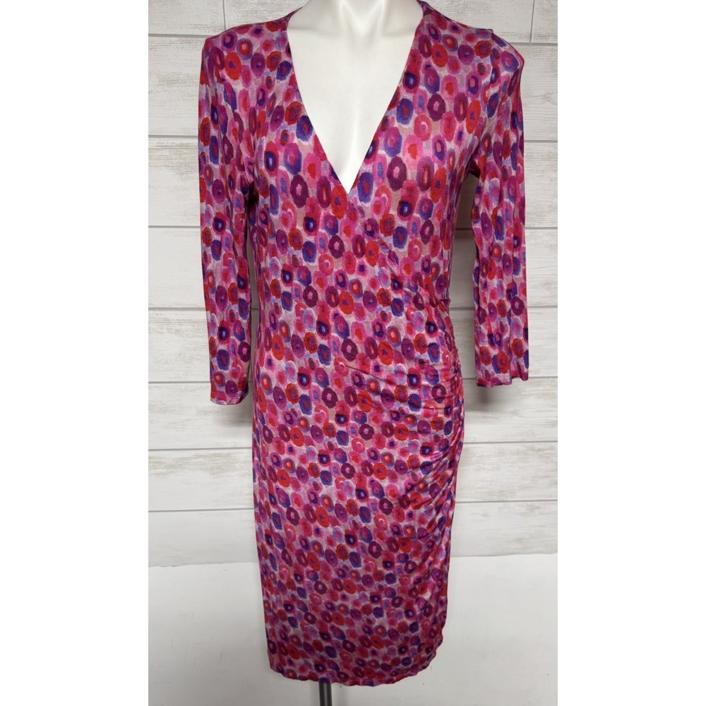 Malvin Hamburg Germany Sz 42 10/12 Large Abstract Pink Deep V Dress Cotton blend